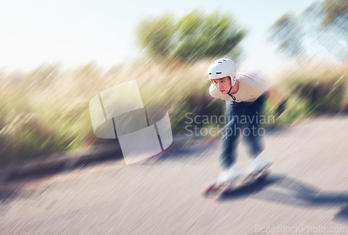 Image of Motion blur, skateboard or mock up and a sports man outdoor on an asphalt street at speed with balance. Skating, fast and mockup with a male skater on a road for fun, freedom or training outside
