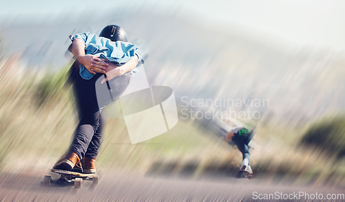 Image of Speed, skateboard and friends in action on road ready for adventure, freedom and extreme sports motion blur. Training, skateboarding and skaters with longboard for exercise, skating and fitness hobby