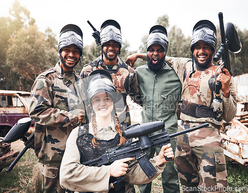 Image of Diversity, portrait and military group with paintball gun for training, fun or extreme sports, happy and excited. Army, people and sport team smile, bond and ready for target practice, game or cardio