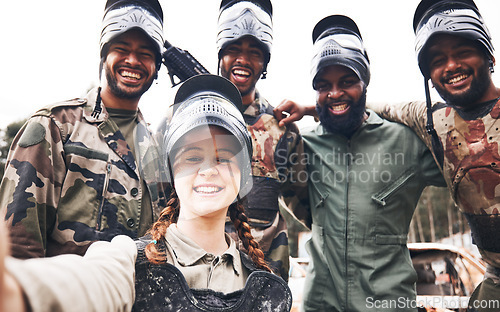 Image of Diversity, selfie and portrait of military group and paintball gun for training, fun or extreme sports outdoor. Face, friends and army people, smile for team sport, photo or ready for target practice