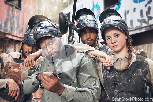 Image of Paintball, diversity and portrait of military group in training, aim and extreme sports, mindset and focus. Army, people and serious sport team with gun for target, practice and challenge