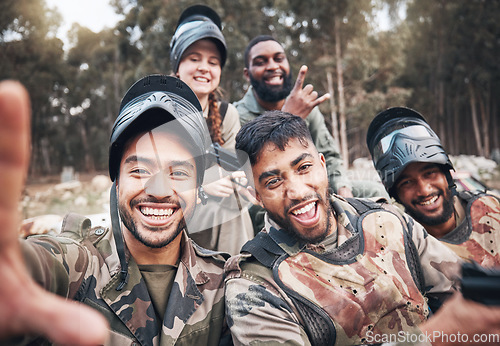 Image of Paintball, selfie and portrait of friends relax after military, training and extreme sports, fun and happy in forest. Face, diversity and army people smile for picture after game and target practice