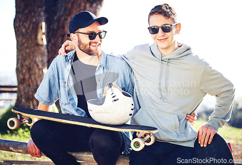 Image of Skateboard, fashion and portrait of friends on mountain for adventure, freedom and ready for skateboarding. Urban style, fitness and skaters with longboard for exercise, skating and training outdoors