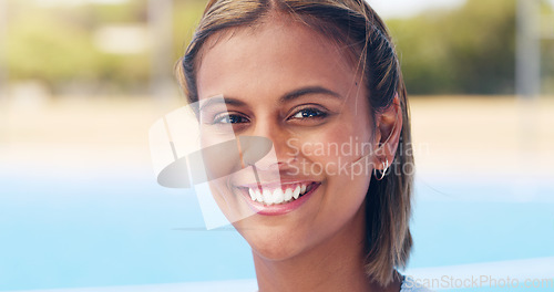 Image of Portrait, woman and smile with fitness outdoor, happy athlete for sports on turf, stadium and training. Health, wellness and sport mockup, active person with exercise lifestyle and workout motivation