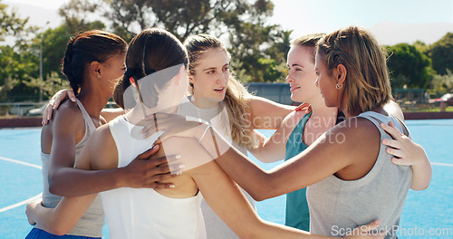 Image of Teamwork, support and sports with women on court for training, help and fitness. Motivation, coaching and community with friends athlete in outdoor for exercise, cardio and wellness performance