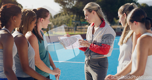 Image of Sports, women and team with coach, game plan and conversation for training, competition and strategy to win. Teamwork, girls on court or mentor talking, planning or discussion for victory or wellness