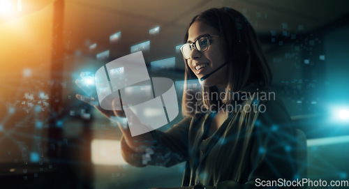 Image of Creative businesswoman, hologram and digital transformation or icons at night in double exposure. Female employee working with big data, research or networking for future innovation in online startup