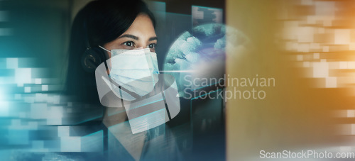 Image of Creative businesswoman, hologram and digital marketing with mask at night in double exposure. Female employee working with big data, research or networking for future innovation in online startup