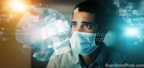 Image of Futuristic medical healthcare, hologram and digital transformation with mask at night for science in double exposure. Male employee working with big data, research or businessman for startup