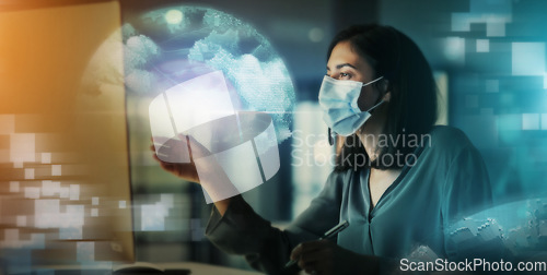Image of Businesswoman, hologram and digital transformation with mask in medical healthcare at night in double exposure. Female employee working with big data, research or science innovation for breakthrough