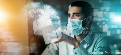 Image of Businessman, hologram and digital transformation with mask at night for research in medical healthcare. Male working on computer technology in big data, analytics for future innovation online