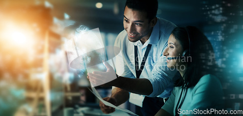 Image of Digital marketing, team and telemarketing in call center for future networking at night in double exposure. Business people or consultants smiling for big data, innovation or global communication