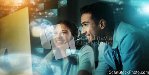 Image of Futuristic business people, call center and hologram in digital marketing, networking or desktop support in double exposure. Happy consultants smile for big data or global communication on overlay