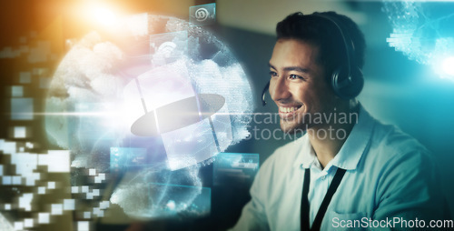 Image of Call center, digital hologram and man in happy communication, telemarketing and global networking sales. Virtual consultant, agent or telecom person with futuristic overlay and business consulting