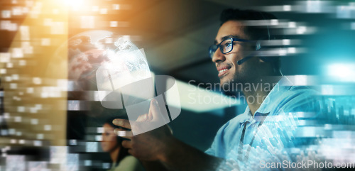 Image of Businessman, hologram and global communication in call center for futuristic IT support or digital transformation at night in double exposure. Male consultant in big data, telemarketing or networking