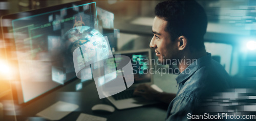 Image of Creative businessman, hologram and digital transformation in crypto trading at night double exposure. Male employee trader in big data, fintech or blockchain for future innovation or online startup