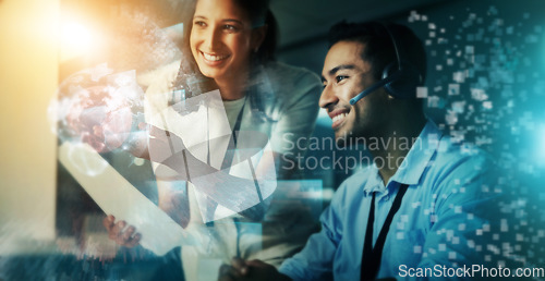 Image of Futuristic business people, call center and global communication in strategy for it support at night in double exposure. Happy consultants smile for big data, innovation or online assistance