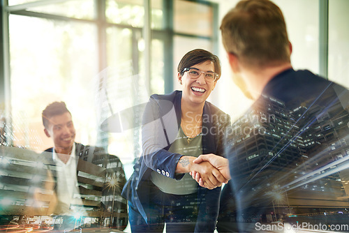 Image of Staff overlay and woman with handshake, partnership and collaboration for brand development, teamwork and hiring. Team, employees and new recruit for company growth, collaboration and project success