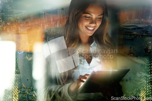 Image of Tablet, city overlay and woman in the office planning or doing research for a corporate project. Technology, happy and professional female business employee working on a report with a mobile device.