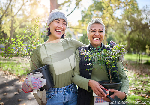 Image of Portrait, flowers and women volunteering in park for community, outreach or programme together. Environment, charity and friends volunteer in forest for gardening project, happy and smile in nature