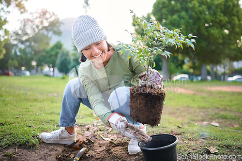 Image of Community service, volunteering and woman plant trees in park, garden and nature for sustainability. Climate change, soil gardening and care for earth day, environmental support and green ecology