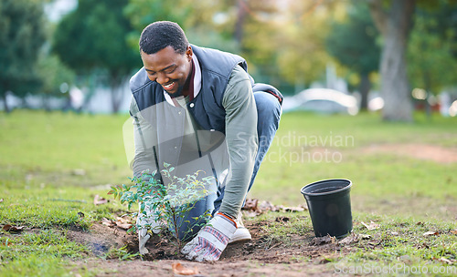 Image of Community service, volunteering and black man plant trees in park, garden and nature for sustainability. Climate change, soil gardening and agriculture for earth day, growth support and green ecology