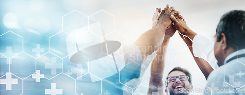 Image of Doctor, overlay and futuristic hospital teamwork for wellness, healthcare or celebration with mockup space. Doctors high five, support or planning in 3d hologram mock up, strategy and goals in clinic