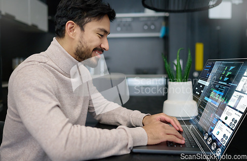 Image of Laptop, finance and remote work with a business man in his home office working as a freelancer online. Analytics, information or accounting with a male financial employee reading graphs on a computer