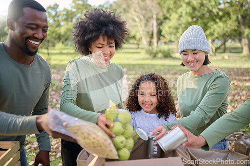 Image of Volunteering, donation food and people with child for sustainability, poverty help and community service in park. Support, teamwork and fruits, vegetable and box for homeless, charity or society care