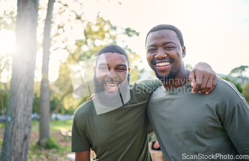 Image of Black men, friends and happy face portrait of volunteer people outdoor at a nature park in summer. People together for community service in a green ngo tshirt for recycling and a clean enviroment