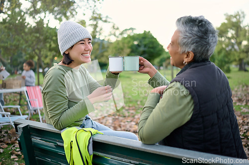 Image of Coffee, women and toast to volunteer success, community service and cleanup park project, happy and smile. Tea, cheers and friends relax in environment, recycling and charity and forest cleaning