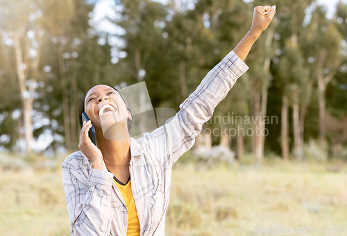 Image of Outdoor, phone call and black woman excited, achievement and happiness with connection, communication and talking. Nature, African American female and lady in forest, cellphone or smile for good news