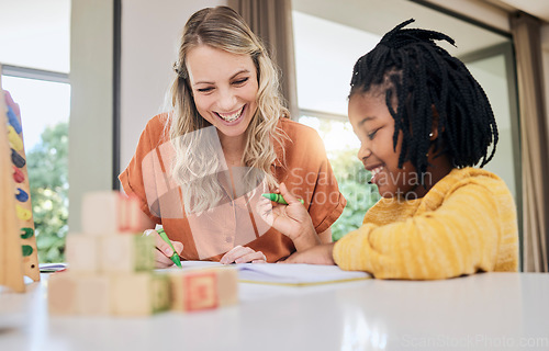 Image of Education, learning and woman help girl with homework, school and teaching with growth and development in family home. Mother, child and student with math, happy to learn with notebook and childhood