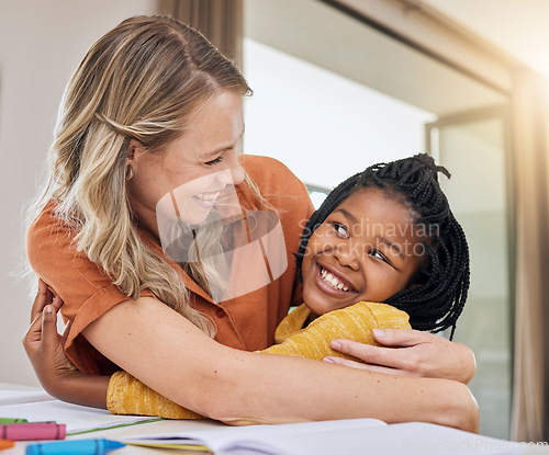 Image of Love, adoption and mother hug girl, happiness and bonding in lounge, celebrate homework completed and loving together. Adopted, black female child and mama embrace, achievement and kid with smile