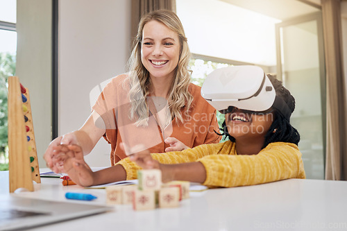 Image of VR, education and mother with child for teaching, metaverse studying and 3d homework. Creative, innovation and interracial mother helping an African girl with technology for knowledge together