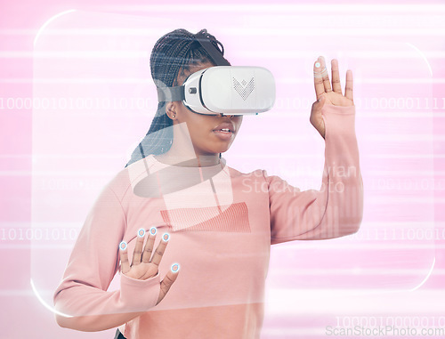 Image of Digital, gaming and vr with black woman and 3d hologram for future, cyber or metaverse. Media, ui and technology with gamer for ux interface, innovation or augmented reality in pink studio background