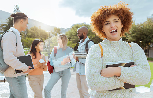 Image of University, campus and black woman portrait with students group, learning community and education planning. Happy friends, gen z person or diversity youth with scholarship, teamwork and study mission