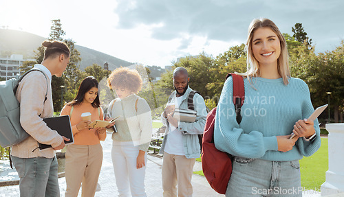 Image of Campus, university and woman portrait in study group, learning community and happy education goals. Young gen z person, social students or youth smile for scholarship, philosophy or history planning