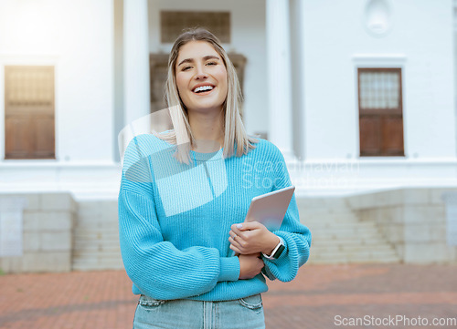 Image of Woman laugh, student tablet and portrait of young female by education, learning and university building. Online, happy and college app of a person with smile ready for school with blurred background