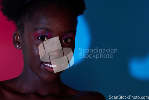 Image of Beauty, makeup and portrait of black woman in studio with smile for designer cosmetics, luxury products and style. Neon aesthetic, creative art and face of girl with fashion, skin glow and wellness