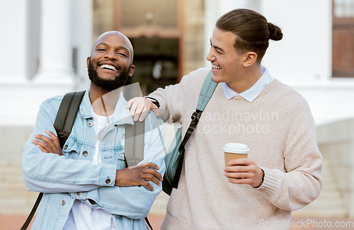 Image of Campus, students laugh and university friends with college education, funny conversation or studying support together. Diversity, youth black man or people outdoor, talking, coffee break and smile