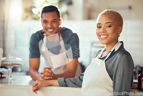 Image of Coffee shop, waitress in portrait and small business with barista and entrepreneurship, team and working together. Entrepreneur, food industry and man with woman in cafe, server job and smile