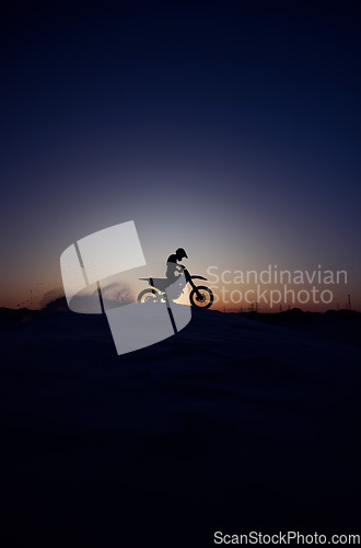 Image of Night, sky and silhouette, person and motorcycle riding in nature, extreme sports on mockup background. Biking, motorbike and person driving on dirt road, dark and shadow, stunt or adventure, freedom