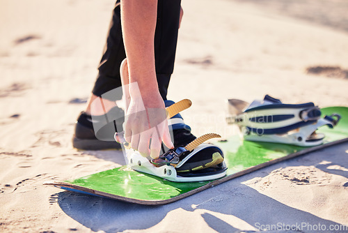 Image of Sand, adventure and feet of man with board for desert surfing, extreme sports and action hobby in nature. Freedom, holiday travel and athlete outdoors for fitness, exercise and dune surfer training