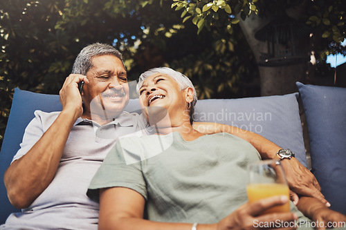 Image of Phone call, outdoor and senior couple relaxing together while on a summer vacation or weekend trip. Happy, love and elderly man and woman resting while on a mobile conversation on retirement holiday.