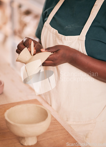 Image of Art, pottery and black woman hands in creative workshop with ceramics, sculpting and creativity with clay pot zoom. Artist, handmade craft and manufacturing, artistic process with texture and skill