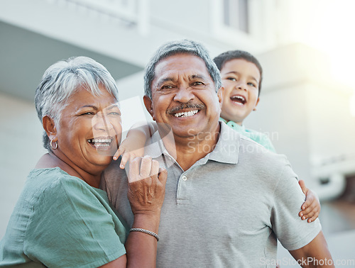 Image of Grandparents, portrait and senior man and woman are happy with grandchild outside new home. Elderly, retirement and happiness together by old people on vacation or holiday with kid or child