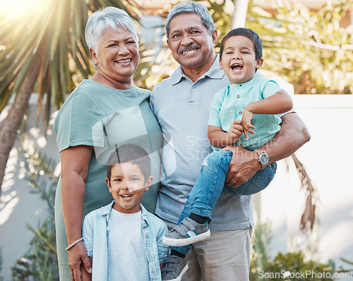 Image of Grandparents, children portrait and garden outdoor with love, care and kid support. Smile, happy and Mexican family together with retirement and senior people in sunshine in park with kids in nature