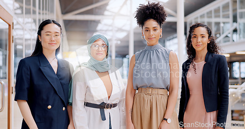 Image of Diversity, empowerment and portrait of team of women at creative marketing startup company. Teamwork, diversity and confident group of women with focus, smile and ideas in advertising industry office