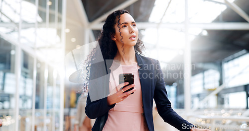 Image of Travel airport, phone and walking woman lost, confused and arrival from airplane transportation journey. Luggage suitcase, business trip and girl search gps location with digital app, compass or map